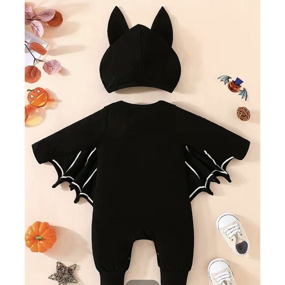 0-3M 2-PCS Baby First Halloween Romper with Bat Wings + Hat "My 1st Halloween" - Picture 3 of 11